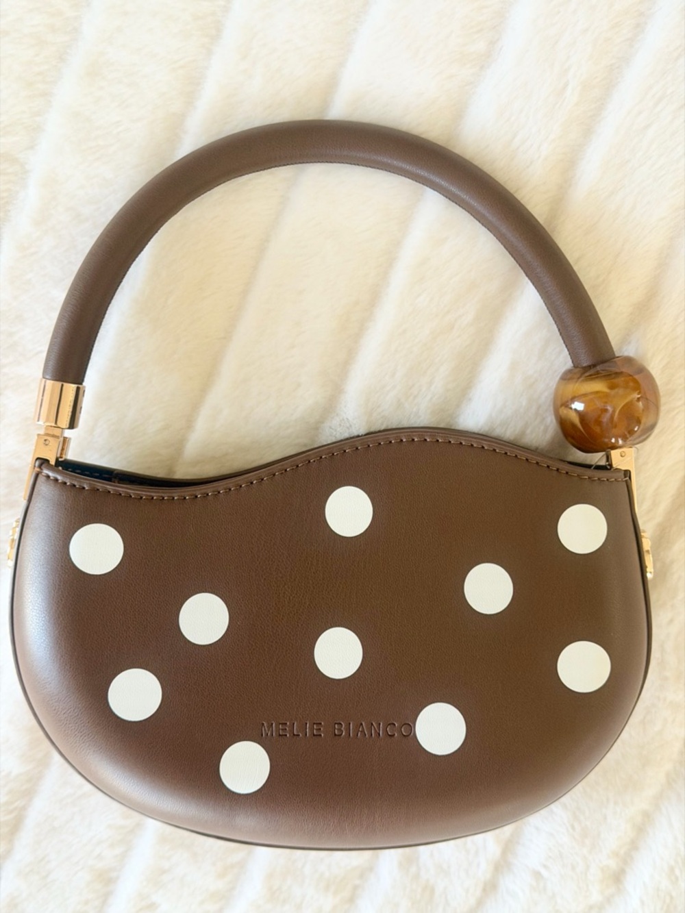 Melie Bianco Jennie Polka Dot Handbag Brown White Top Handle Structured Bag Mod
